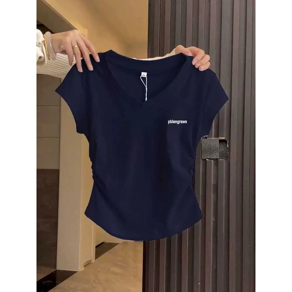 正肩V领短袖t恤女装2025新款褶皱收腰修身显瘦藏青色上衣体恤夏季