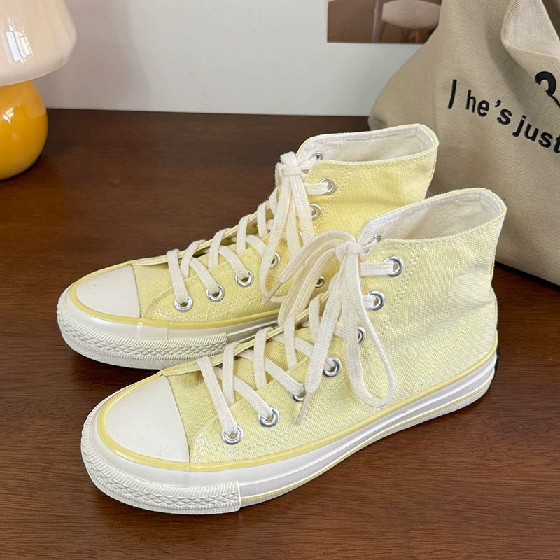 柠檬黄时尚青春潮流韩版百搭学院系带港风休闲复古平底小众帆布鞋