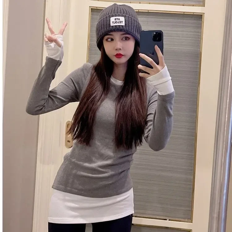 中长款磨毛打底衫女秋冬内搭显瘦设计不规则t恤遮肉显瘦长袖上衣