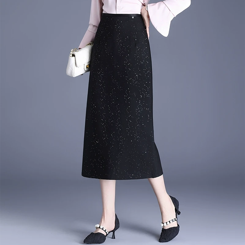 亮片直筒包臀裙2025春季新款半身裙气质中长款女裙子开叉职业包裙