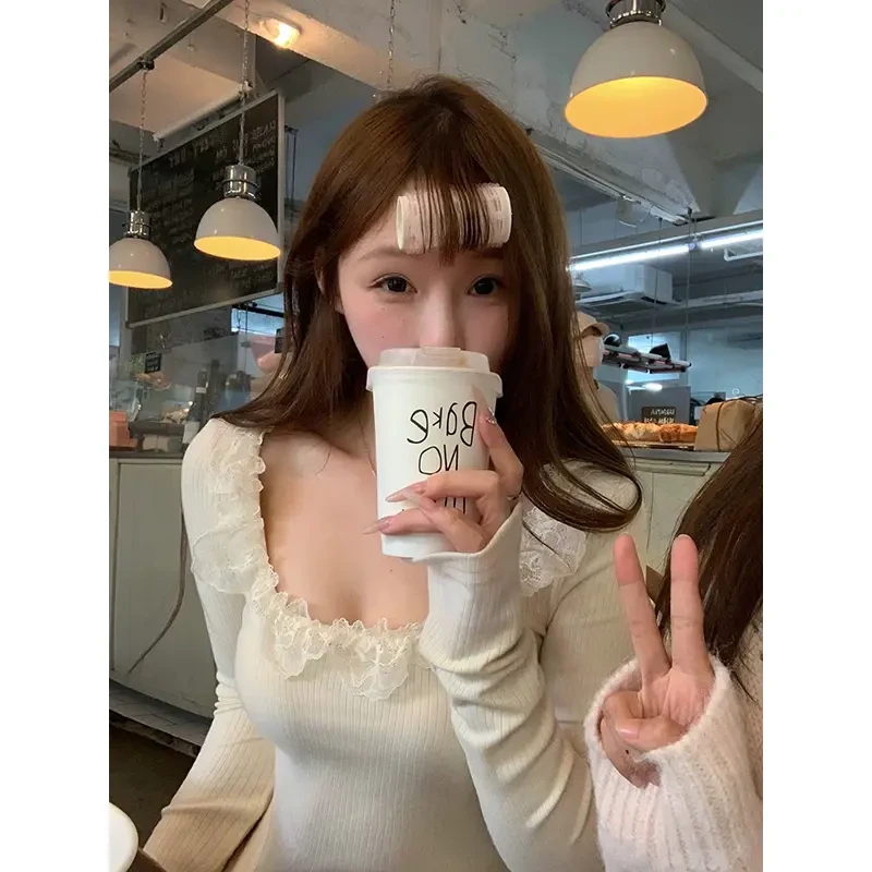 2025修身显瘦气质打底衫甜辣蕾丝方领长袖T恤女秋冬百搭时尚上衣