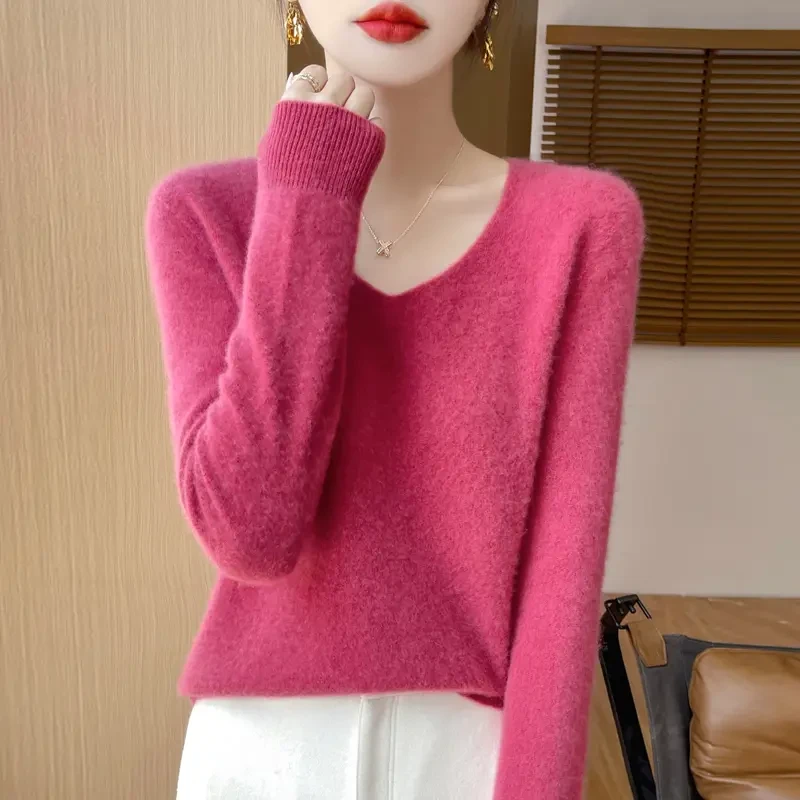 【一线成衣】V领100羊毛衫女羊毛长袖针织打底纯色宽松套头毛衣内搭