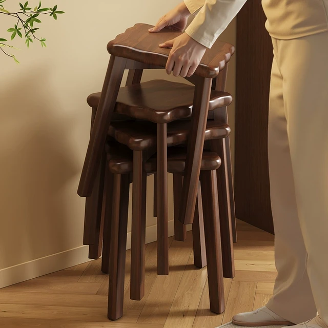 三梦实木凳子家用可叠放客厅备用餐桌凳结实耐用木头方板凳梳妆凳