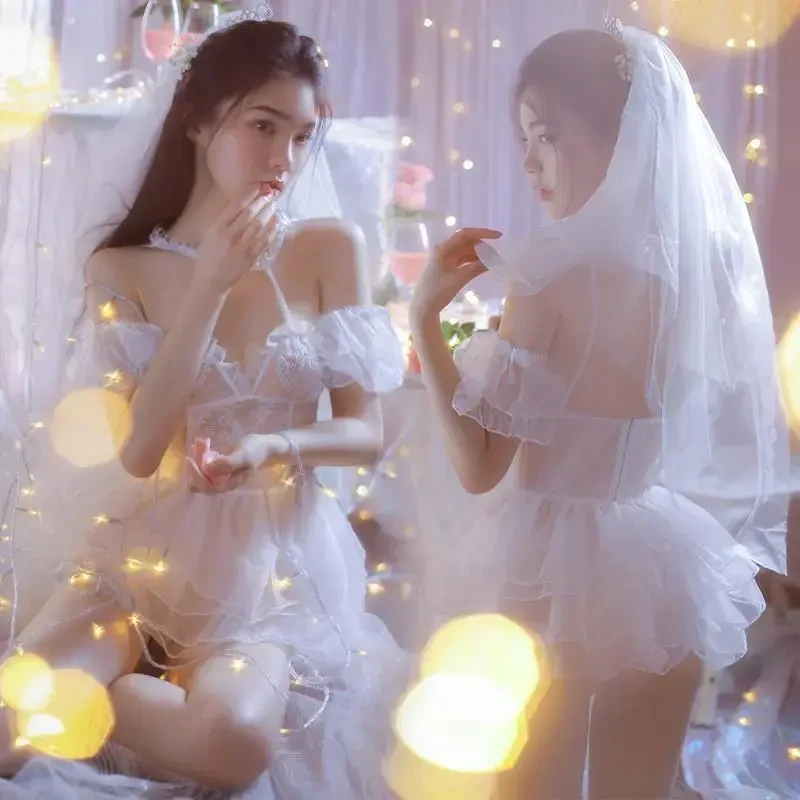 ydy气质新娘女制服角色扮演蕾丝清纯甜美婚纱性感透明公主白色