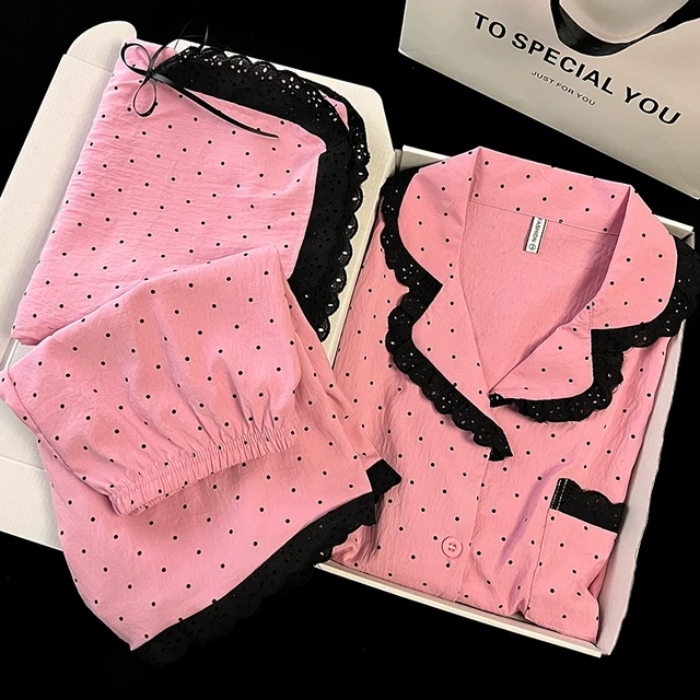 芬腾2025新款波点云朵棉睡衣女夏季春秋天短袖长裤蕾丝家居服三件