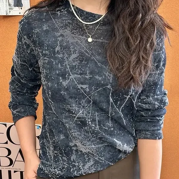 扎染印花长袖T恤女秋季韩系显瘦百搭圆领气质内搭打底衫上衣