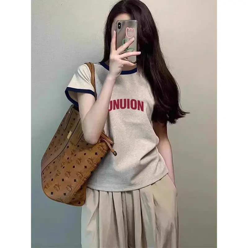 2025火爆拼色正肩圆领短袖t恤女小众设计感可外穿百搭上衣打底衫