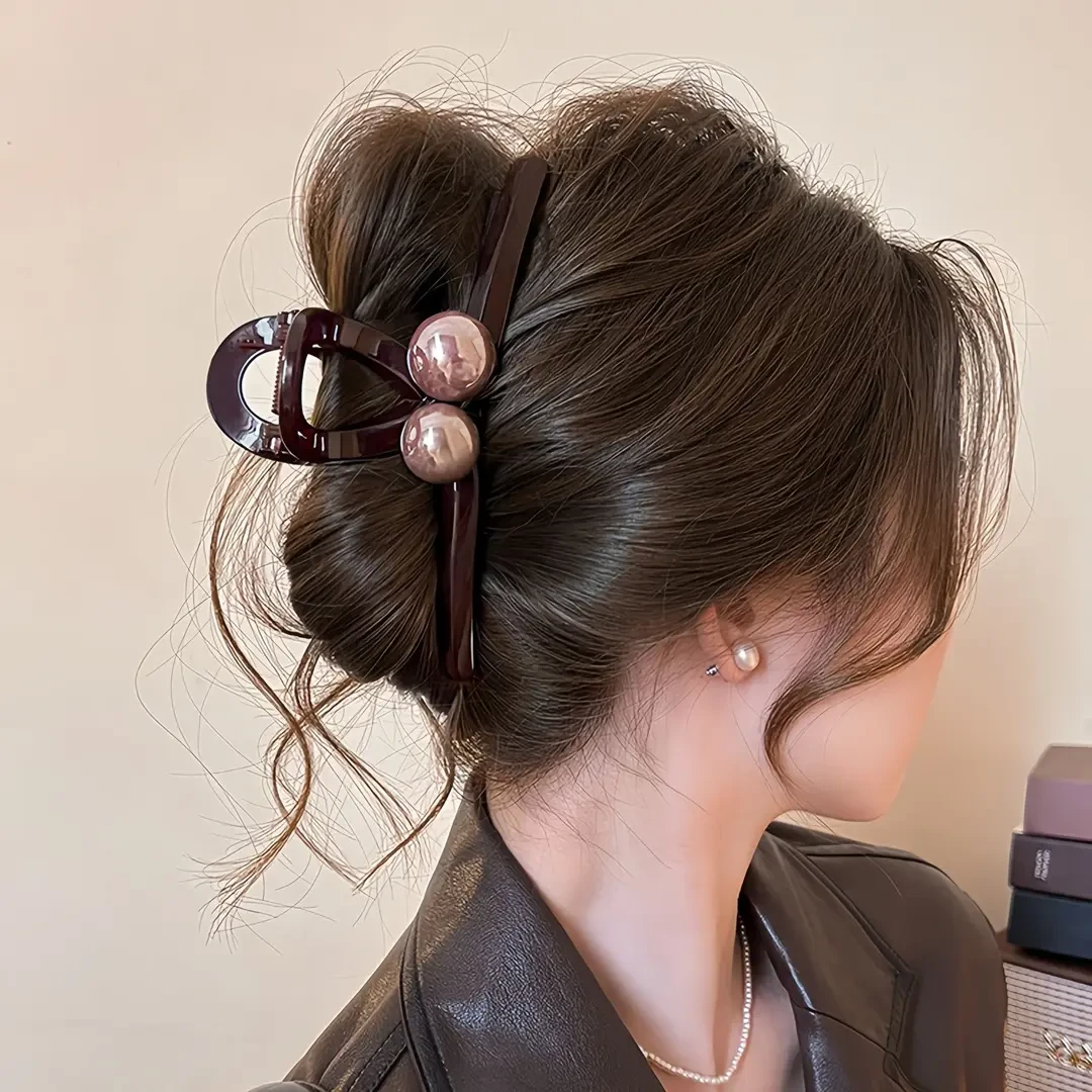 复古咖色珠珠2025年新款后脑勺盘发大号鱼夹发夹后脑勺抓夹