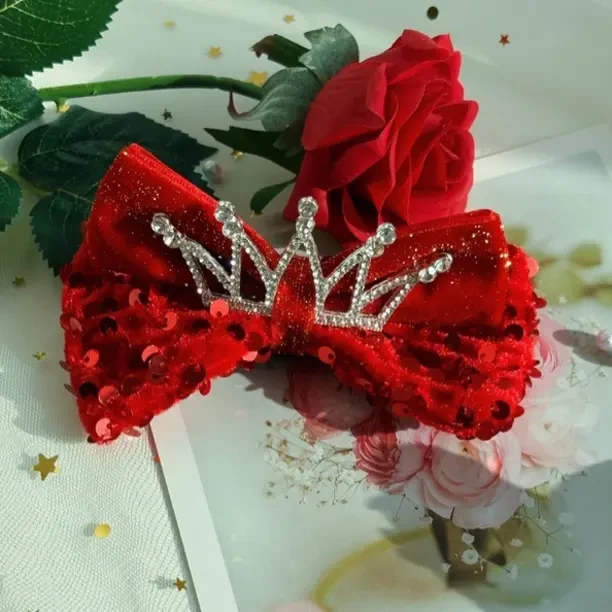 新年红色蝴蝶结皇冠发夹公主女童丝绒立体顶夹可爱喜庆头饰