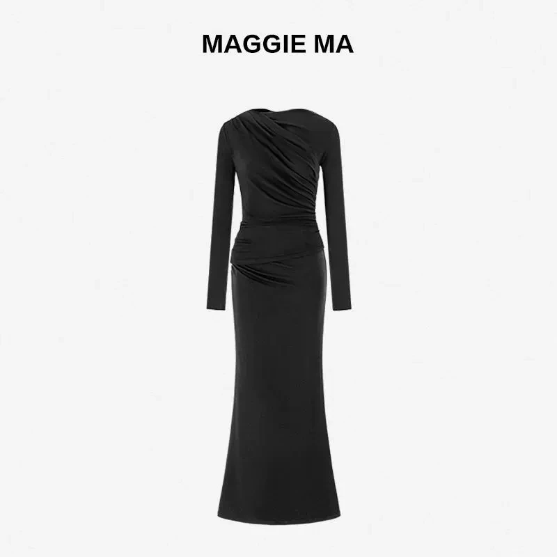 MAGGIEMA马婧立体裁剪时尚修身褶皱黑色女士套装裙连衣裙904D