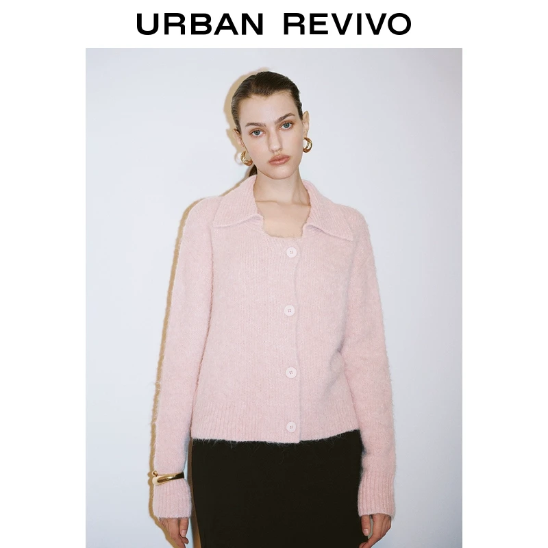 UR2025春季新款女装欧若风时尚魅力氛围感翻领针织开衫UWG950041