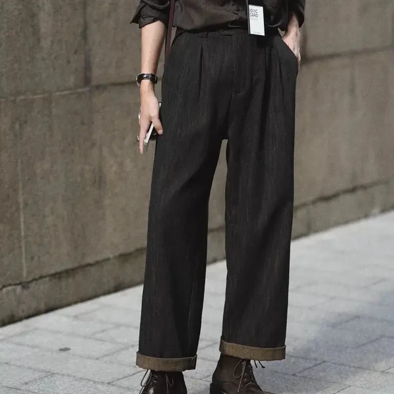 秋冬款复古牛仔裤简约直筒长裤黑茶色简约通勤商务休闲裤男女同款