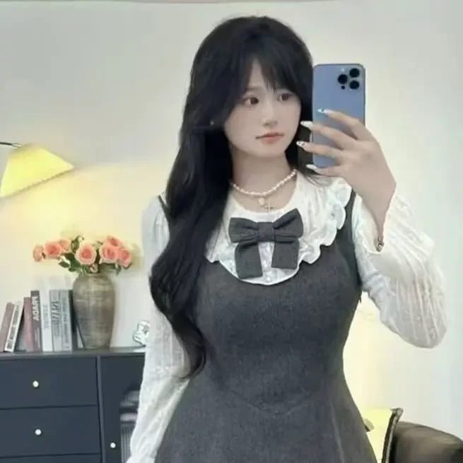 女装拼色长袖假两件连衣裙胖妹妹中长款显瘦减龄韩版淑女裙8558