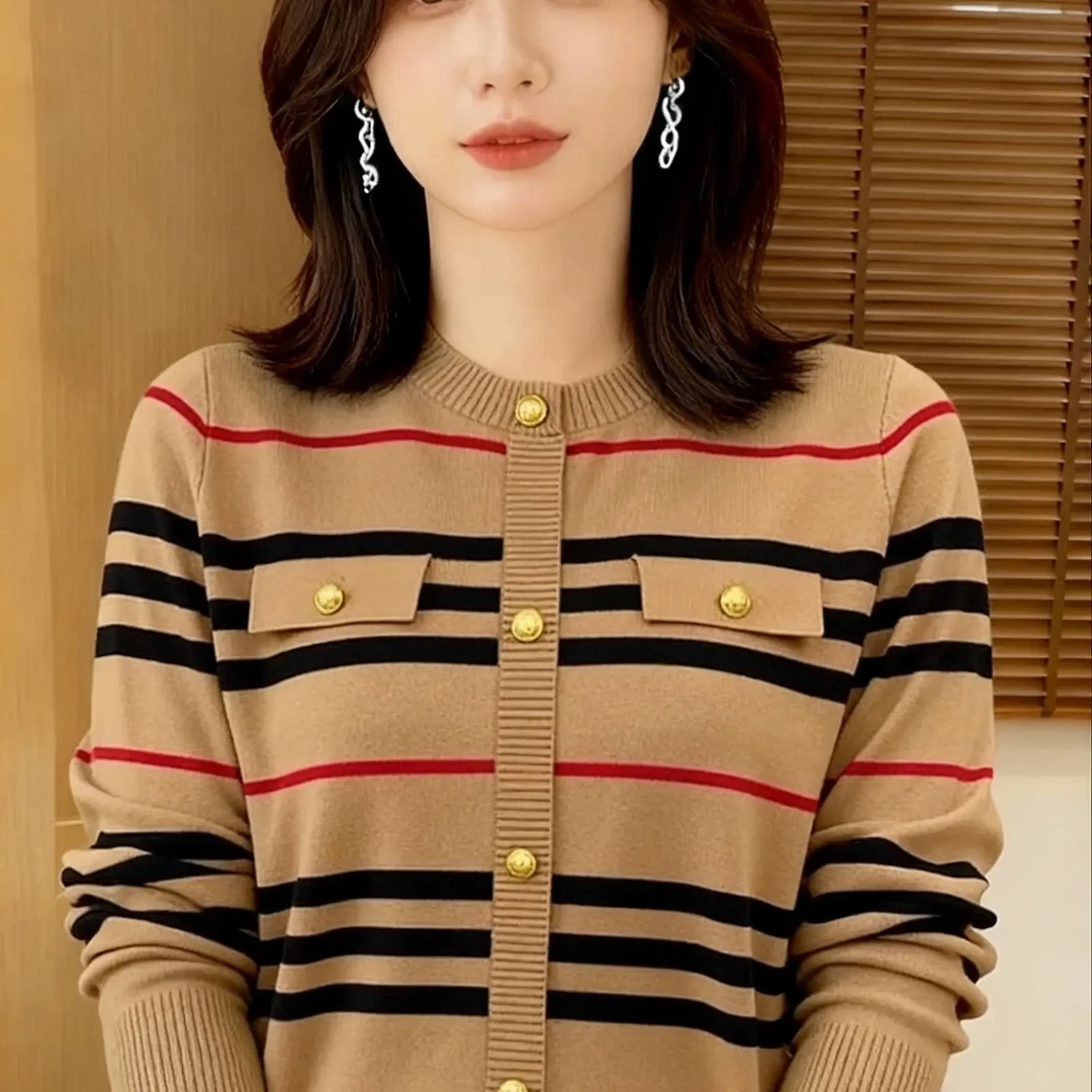 毛针织衫条纹显瘦宽松不褪色圆领女装时尚简约百搭春秋气质长袖