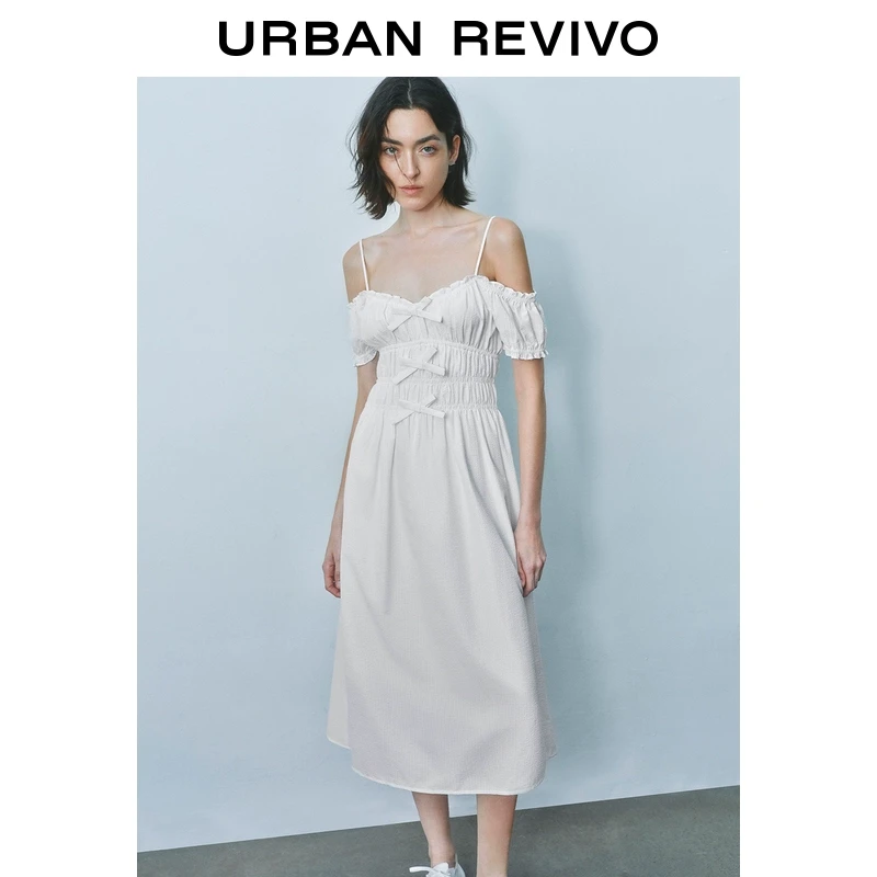 UR2025夏季新款女度假风蝴蝶结装饰褶皱收腰连衣裙UYU750088