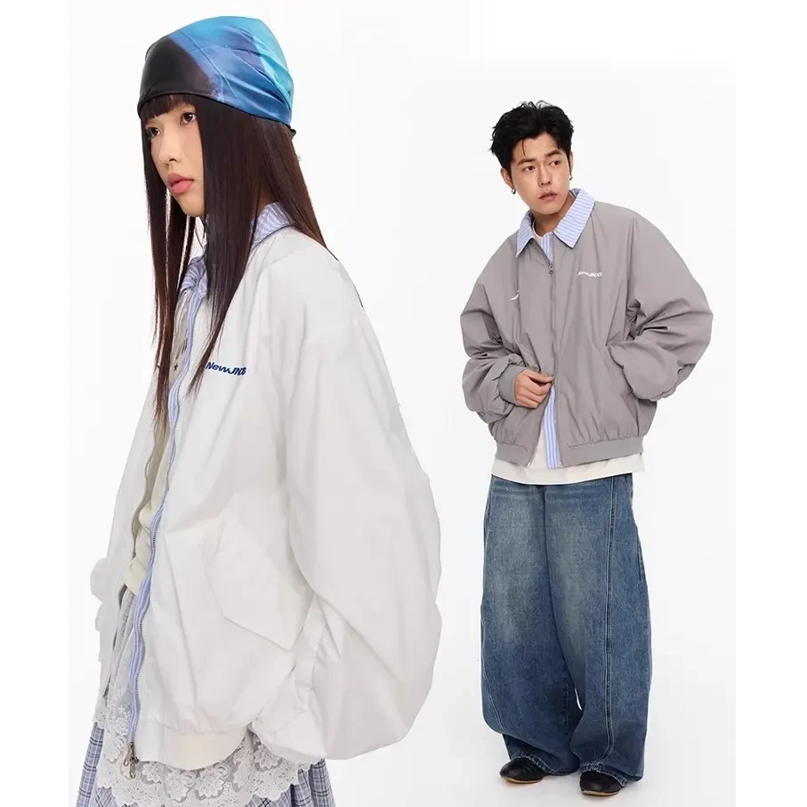 TDKE/-美式复古绣花假两件翻领棒球服春季男女夹克外套