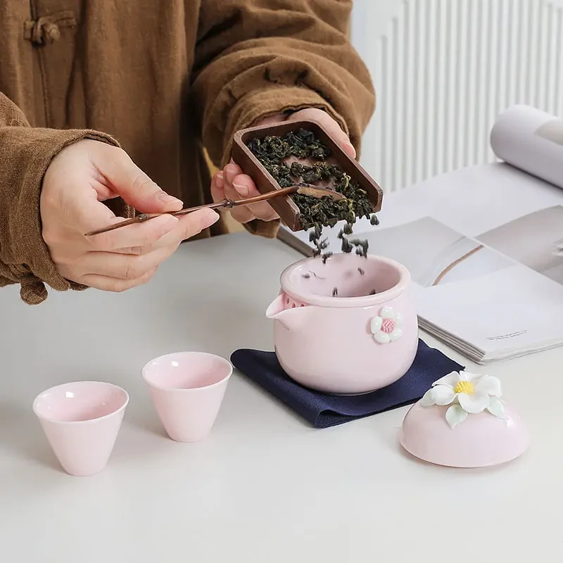 一鸣 便捷式旅行茶具小套装粉色快客杯泡茶一壶二杯户外H373