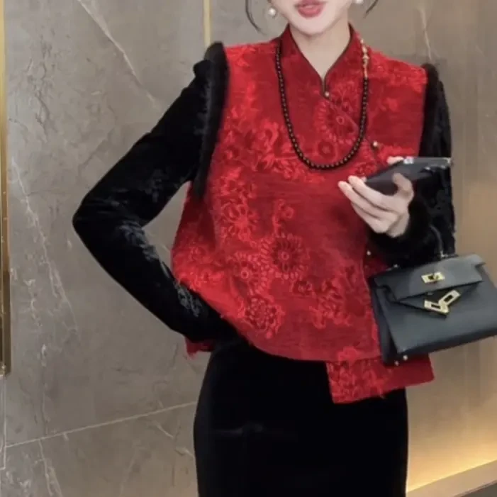 新中式国风冬季水貂毛加棉加厚立领宽松无袖马甲上衣红色时尚复古