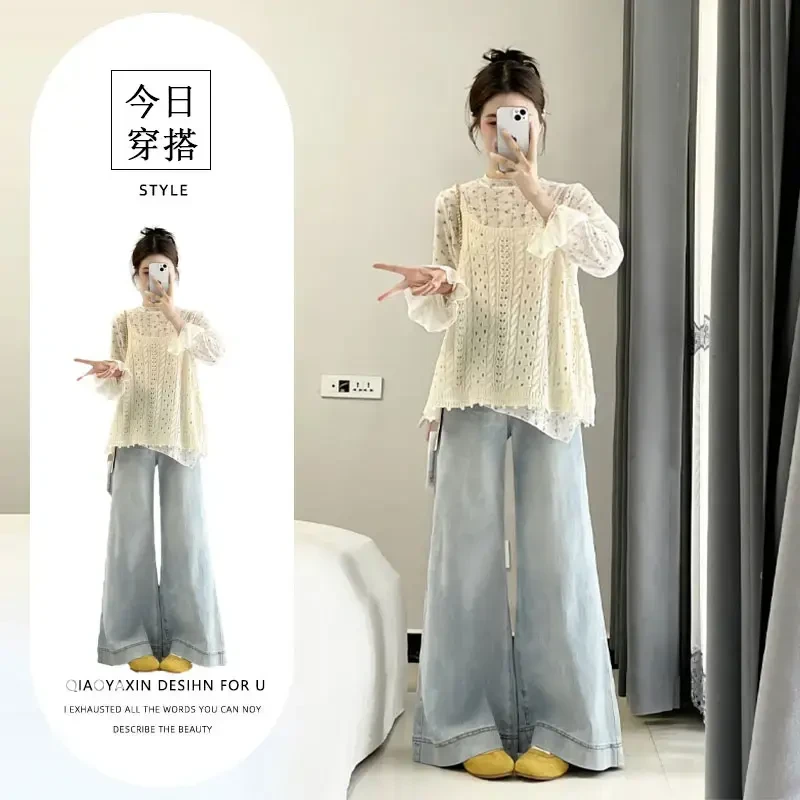 2025超火穿搭一整套韩系碎花打底衫u领背心马甲高腰阔腿裤三件套