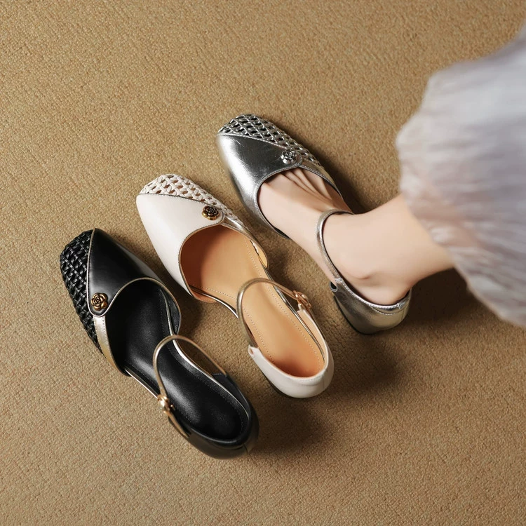 诗宝斐尔 粗跟4CM法式编织镂空包头凉鞋女夏季真皮山茶花中空单鞋