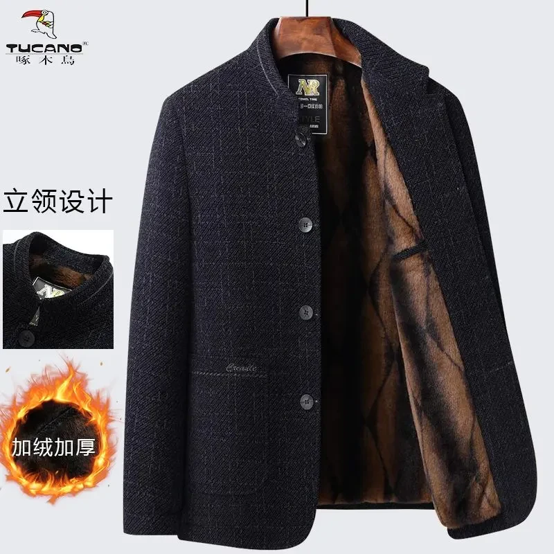 啄木鸟雪尼尔加绒外套中老年男士秋冬立领夹克爸爸装冬装休闲外衣