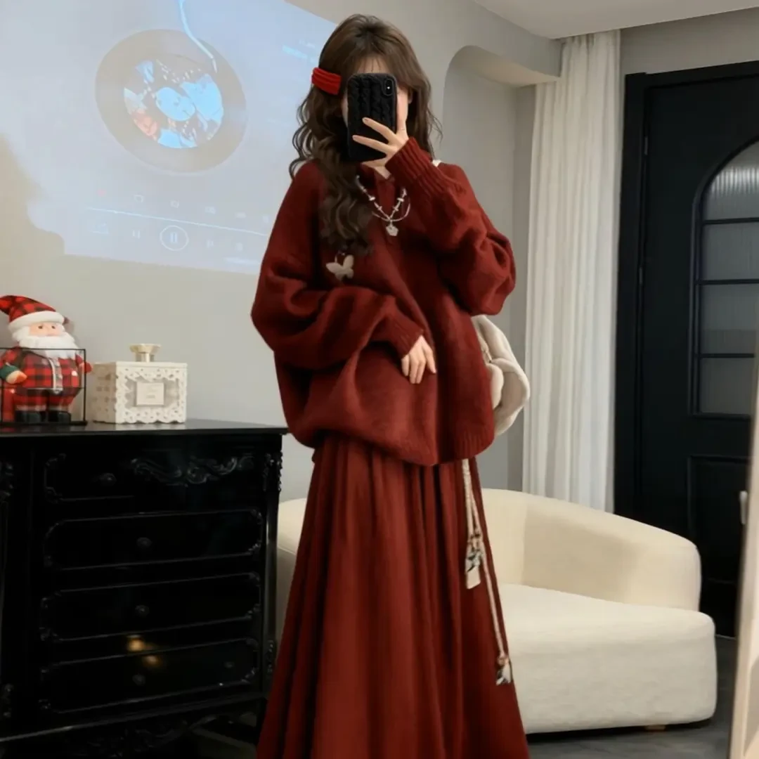 2025秋冬季圣诞节穿搭红色针织毛衣连衣裙子女新款小个子套装长裙
