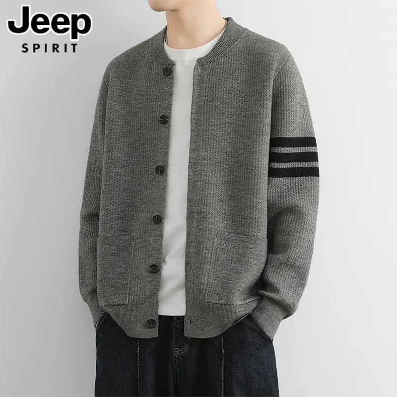 Jeep吉普针织圆领开衫针织衫男士毛衣开衫简约男士潮流宽松外套
