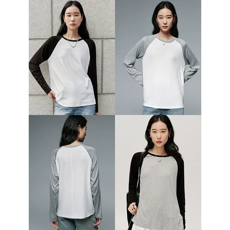 且可ChillCozy 罗加兰 垂肤棉撞色插肩直筒宽松圆领长袖T恤女春秋