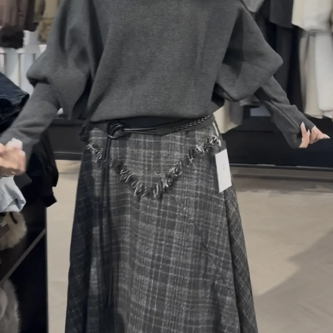 韩系气质复古格纹针织衫高腰半身裙两件套女秋季显瘦小个子新款