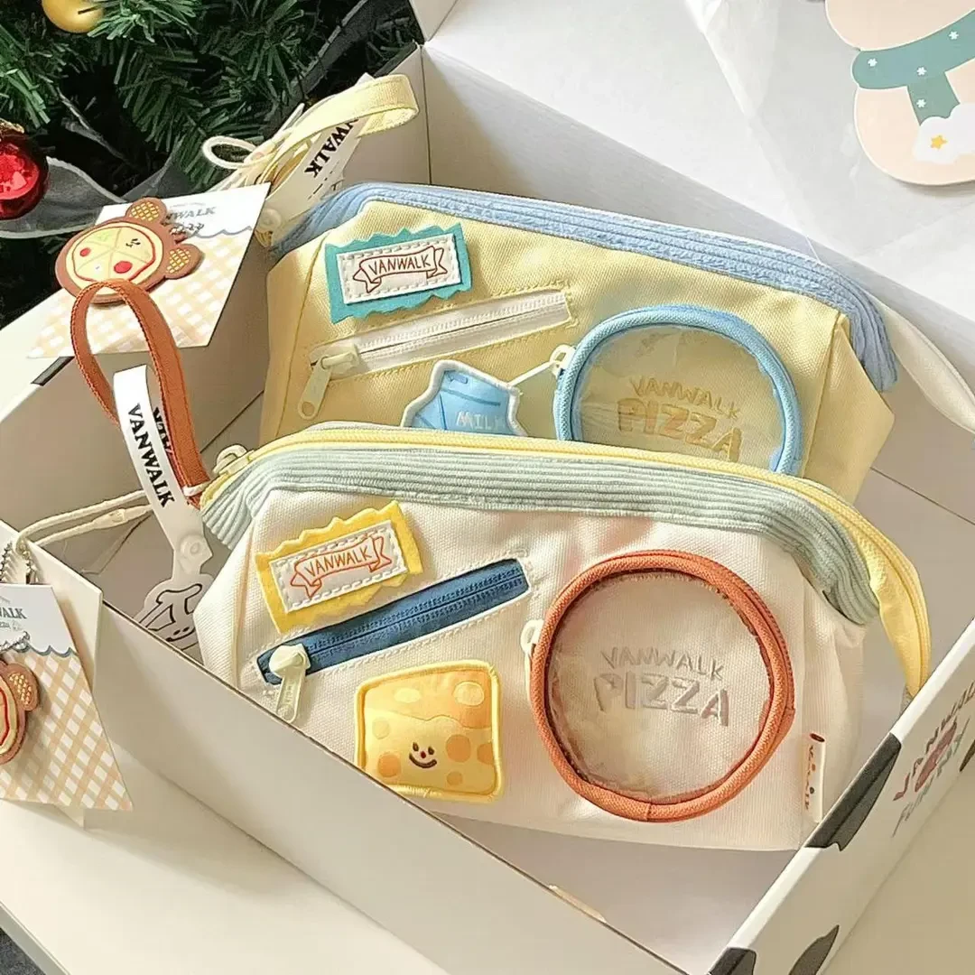 超萌芝士牛奶披萨笔袋ins可爱高颜值大容量铅笔袋学生多层文具袋