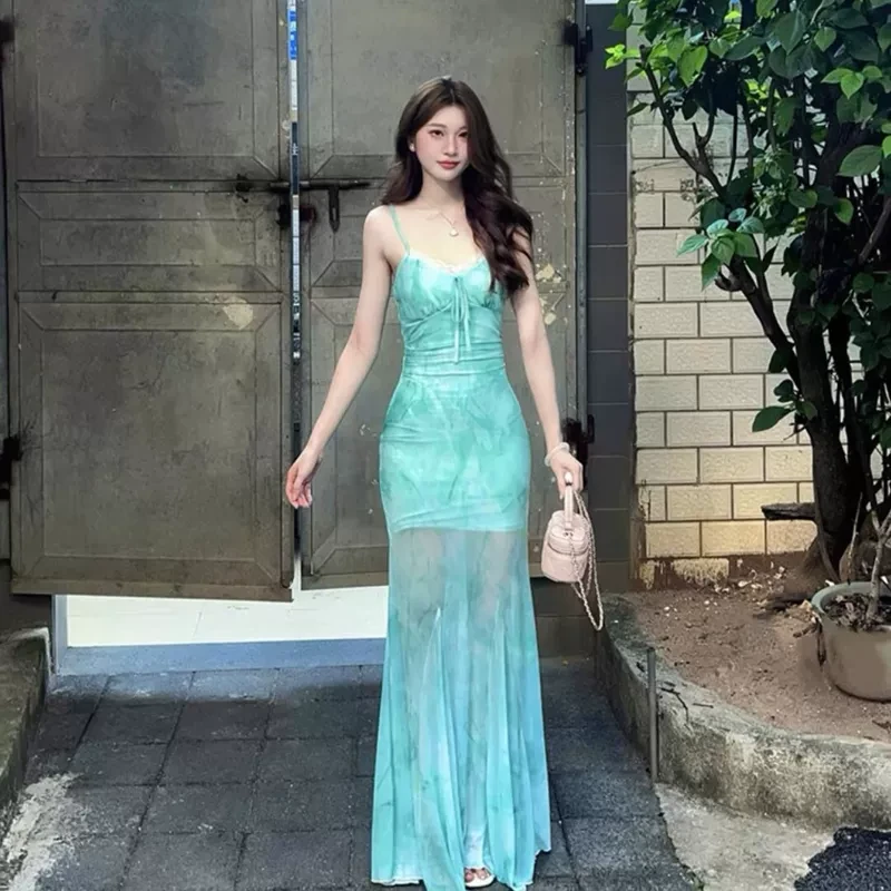 多巴胺泰兰德氛围感海岛氛围感绿色扎染蝴蝶印花网纱包臀透视长裙