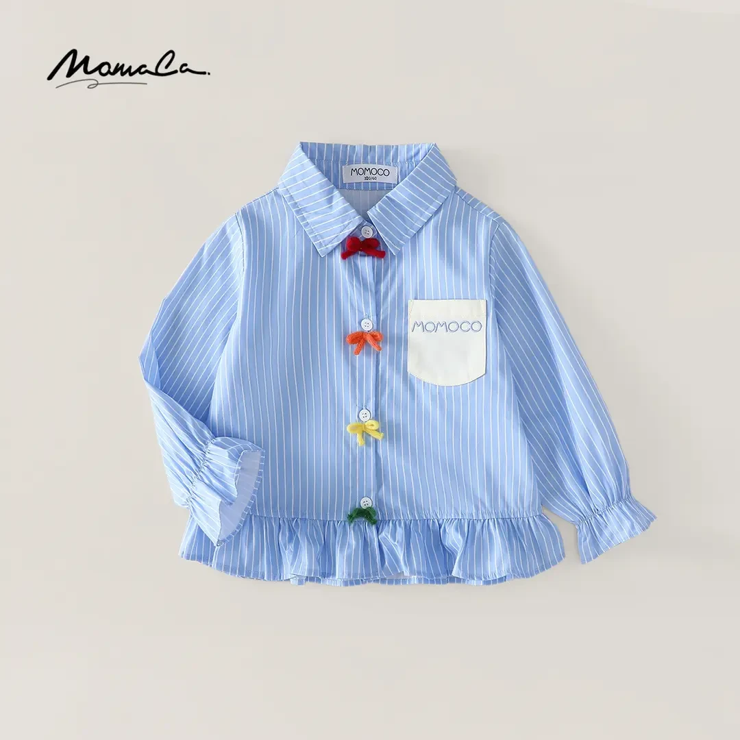 MOMOCO女童秋季新款时尚条纹蝴蝶结气质翻领衬衫外套77730234004
