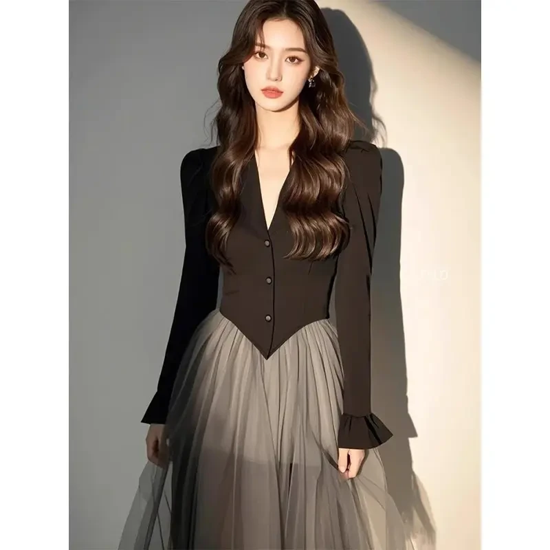 C113连衣裙春季新款女高级感气质V领拼接网纱收腰显瘦中长款裙子