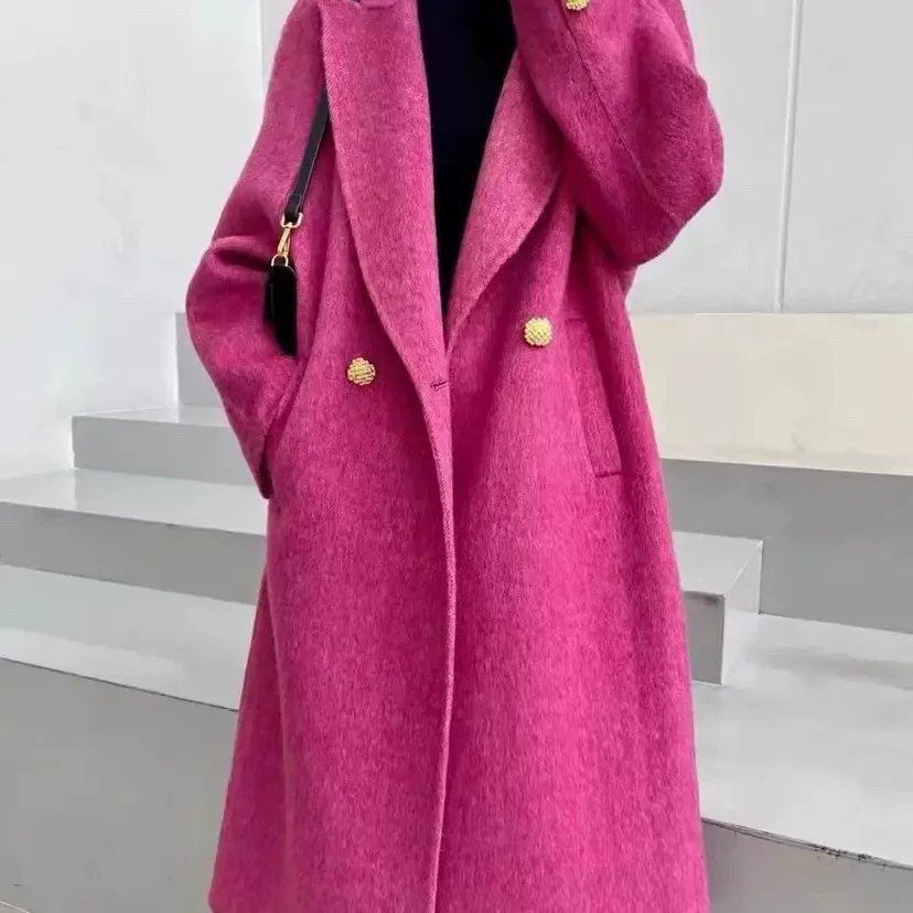 【甲木力推】秋冬新款双面羊毛长款玫红色大衣/Ae280304