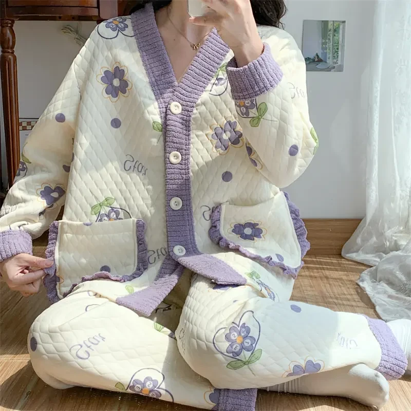 新款睡衣女秋冬季夹层保暖空气棉卡通少女加厚家居服套装可外穿套