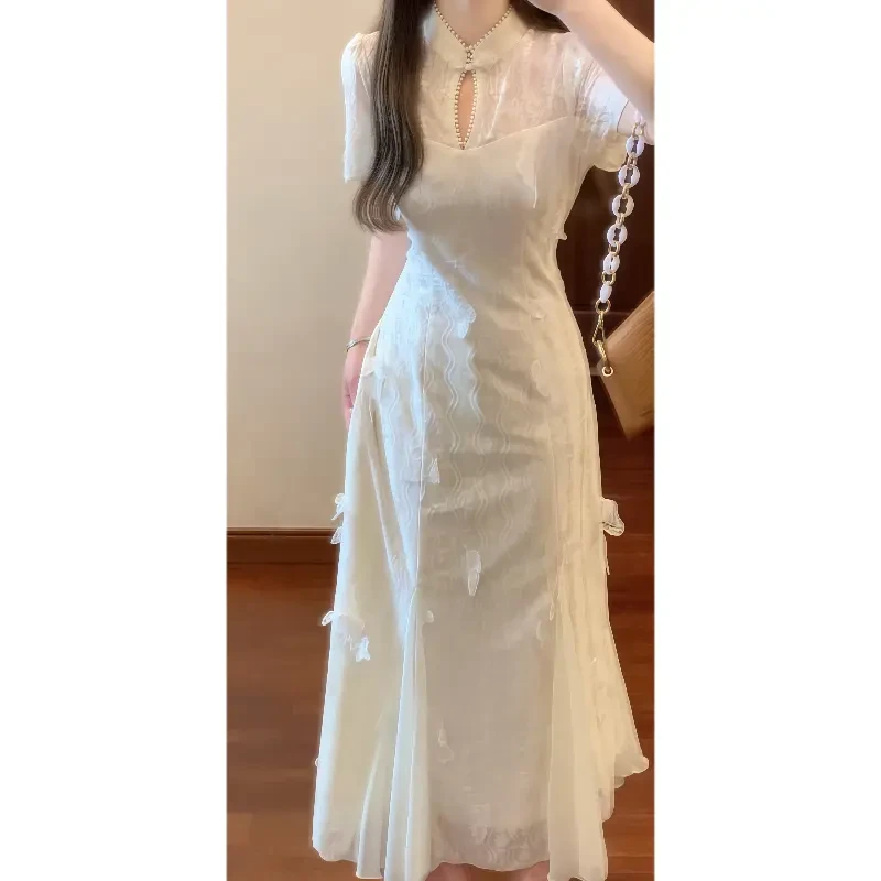 C354新中式中国风立体蝴蝶绣花旗袍连衣裙显瘦气质鱼尾裙礼服长裙