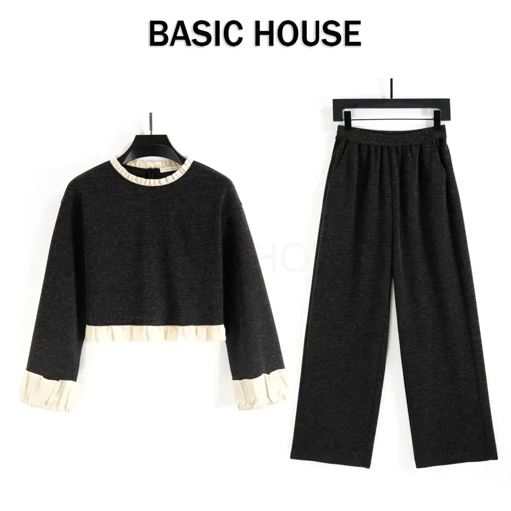 Basic House/百家好CSM拼接花边上衣收腰阔腿裤针织两件套女34P2