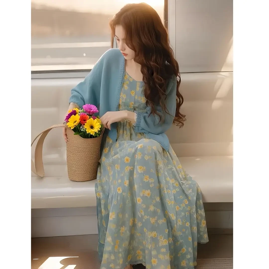 海边度假蓝色碎花连衣裙外搭开衫高级感气质女装2025超火新款套装