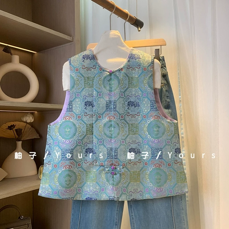 柚子your【如意牡丹】国风织金织锦缎中式盘扣琵琶襟马甲