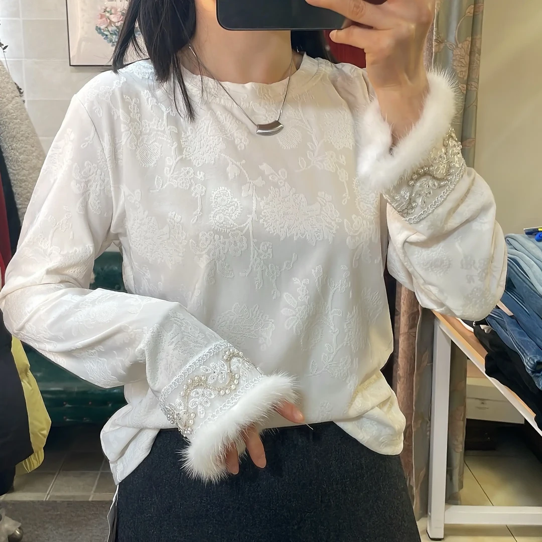 蕊蕊家新中式国风刺绣提花加绒加厚长袖女款秋冬百搭打