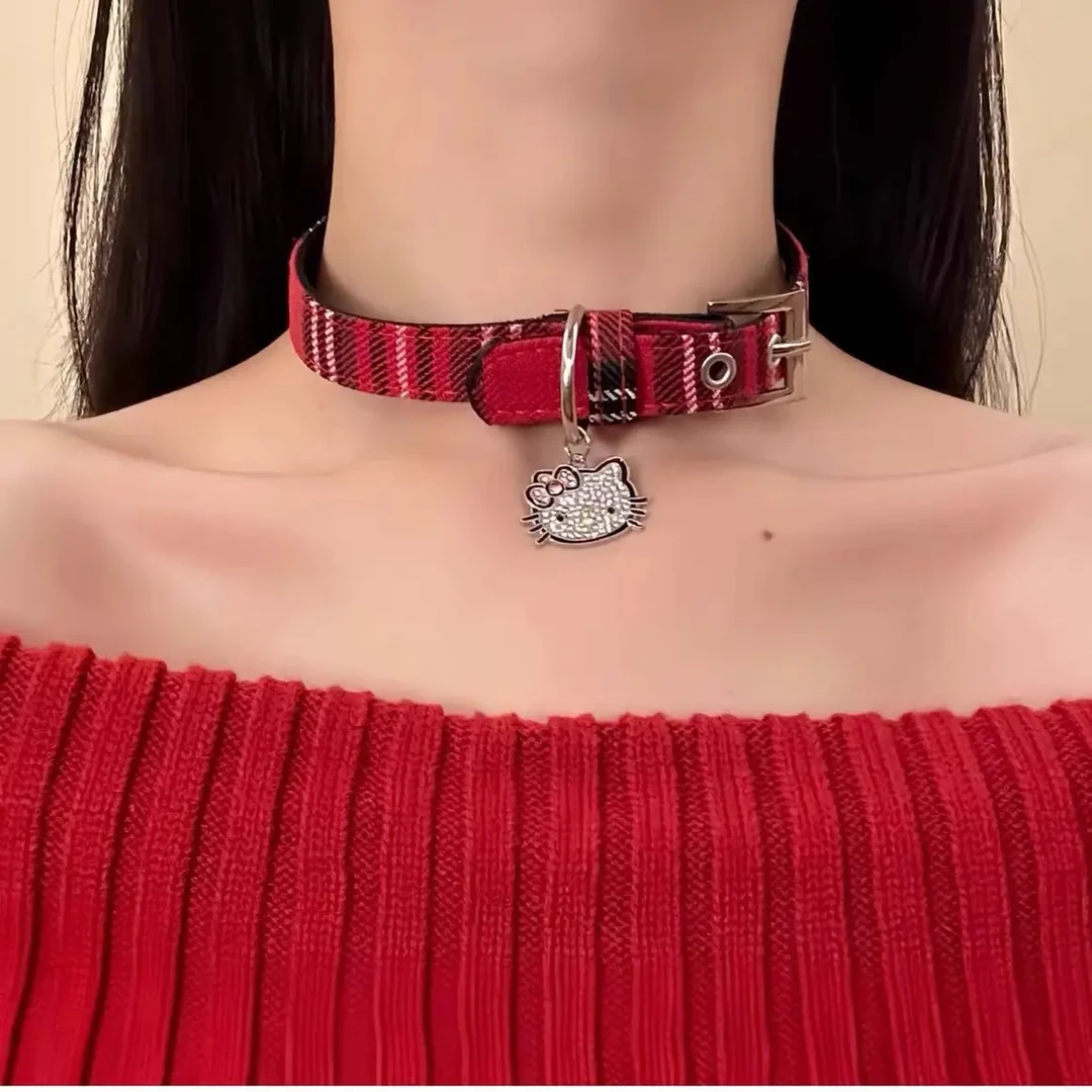 铜合金锆石项链 秋冬款学院风Kitty猫格纹choker项链个性辣妹项圈