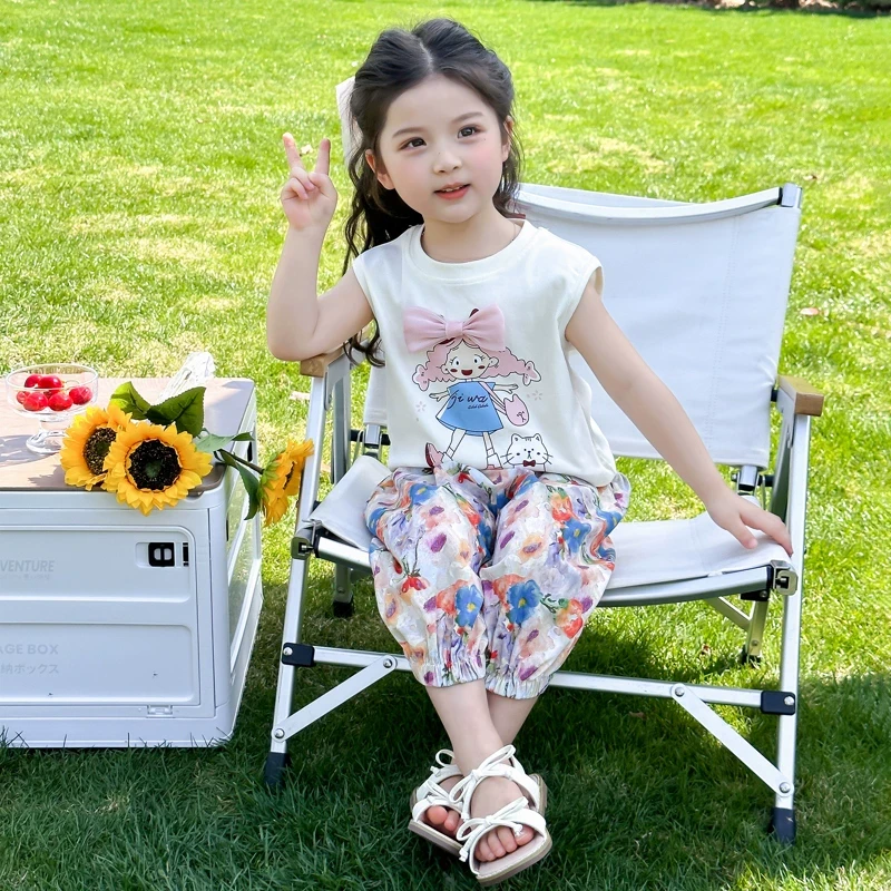 女童夏装套装2025新款儿童背心碎花防蚊裤两件套宝宝夏季无袖衣服