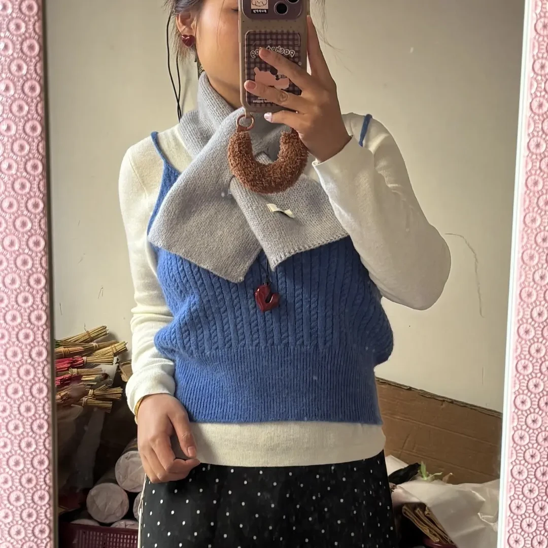 韩系针织叠穿短款外穿吊带背心镂空V领辣妹风四季适用