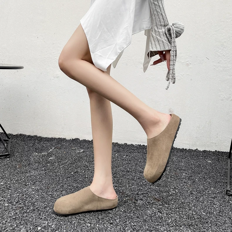 真牛皮包头勃肯鞋女外穿厚底懒人一脚蹬博肯半拖鞋大码女鞋41到43