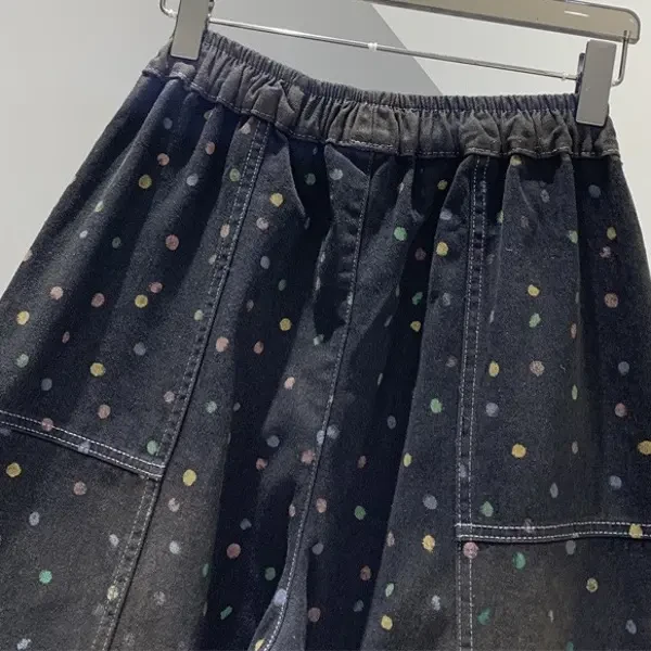 秋季新款印花波点宽松显瘦阔腿牛仔哈伦裤女百搭