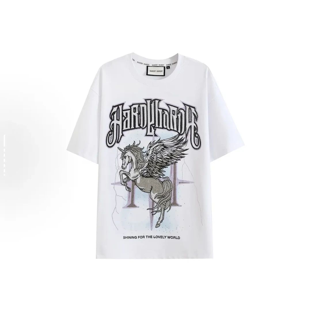 HA-814闪电天马独角兽翅膀烫钻纯棉休闲短袖T恤 男女同款