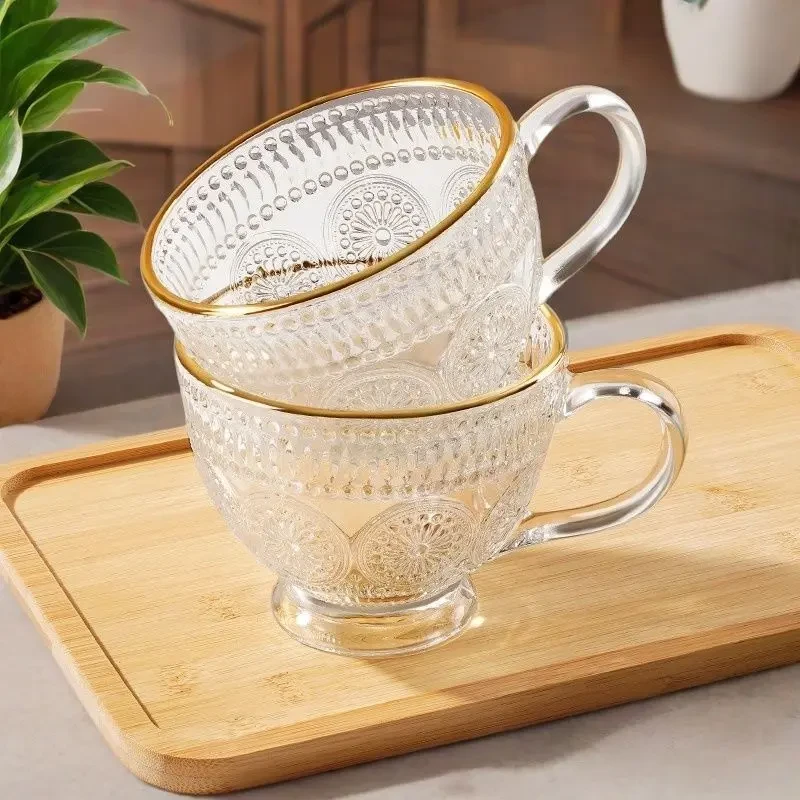 金口早餐碗牛奶杯家用燕麦杯早餐杯把手杯玻璃杯水果杯描金水杯