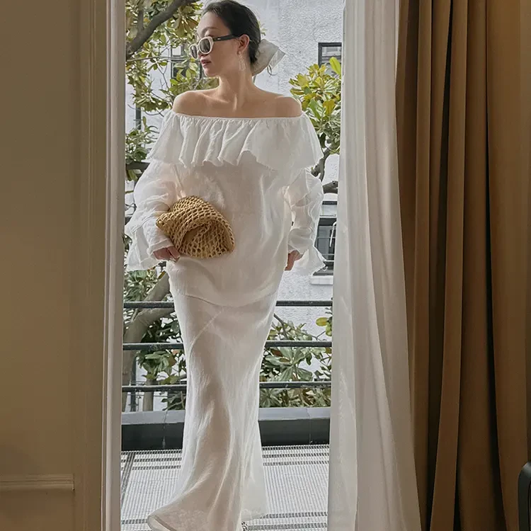 TOPCLOSET 法式松弛复古荷叶领一字肩喇叭上衣鱼尾半裙T25N7567