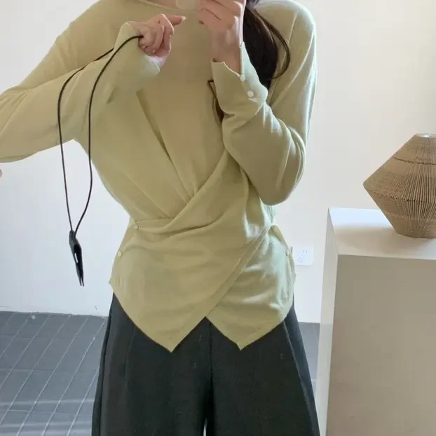 长袖春季包袖厚款宽松型毛针织衫抽绳开叉短款不规则纯色上衣