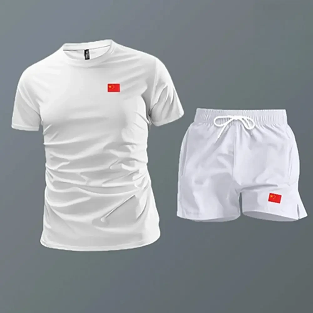 国家队冰丝速干短袖T恤休闲运动套装男士夏季薄款跑步短裤一套男